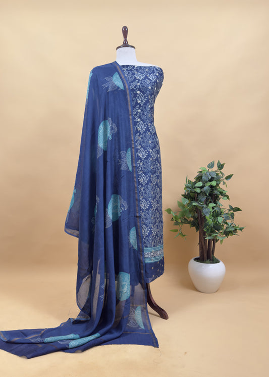 Blue Pure Maheshwari Silk Suit With Banarasi Bootis