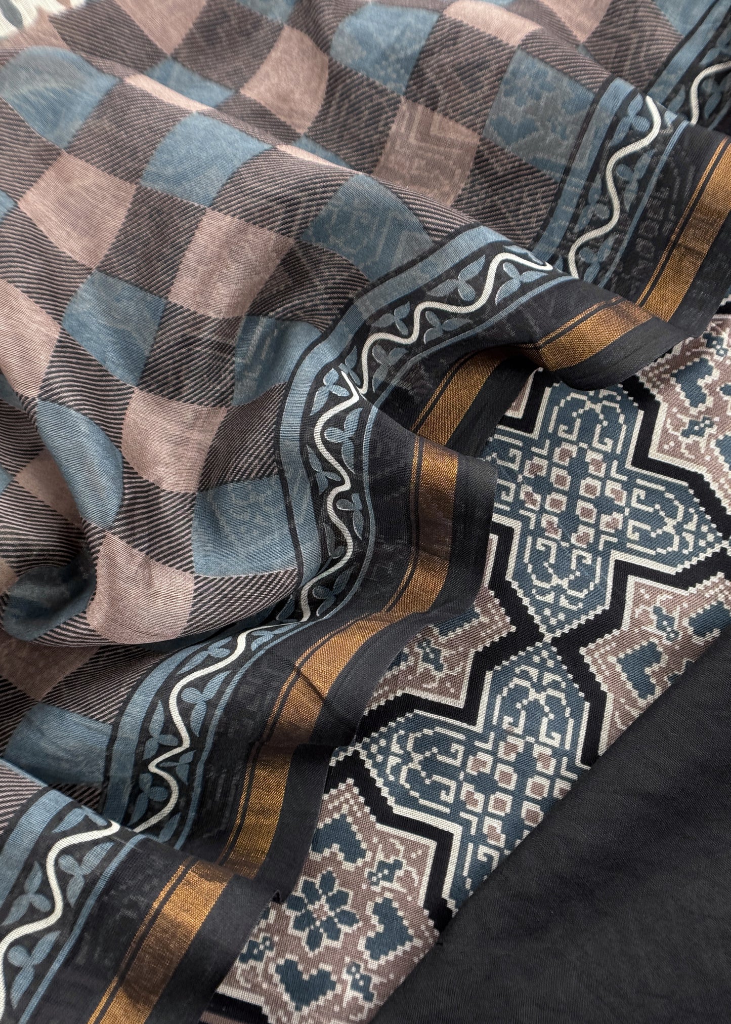 Black Ajrakh Mahehswari Silk Unstitched Suit With Dupatta