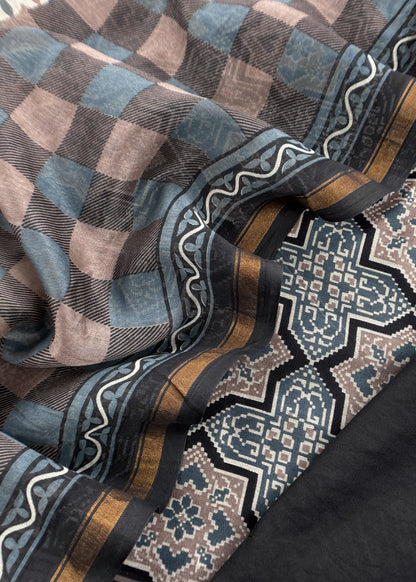 Black Ajrakh Mahehswari Silk Unstitched Suit With Dupatta