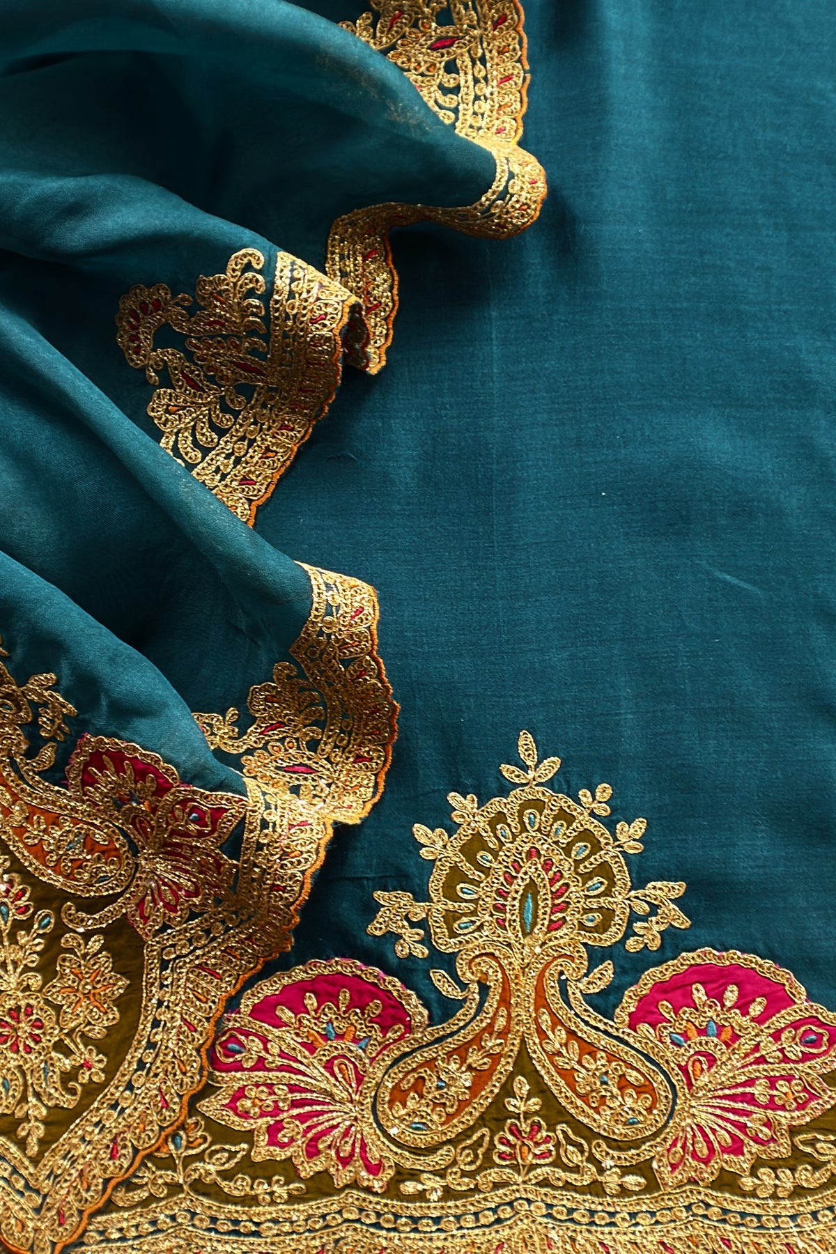 Teal Blue Pure Silk Suit With Gota Tilla Embroidery