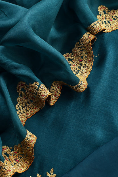Teal Blue Pure Silk Suit With Gota Tilla Embroidery