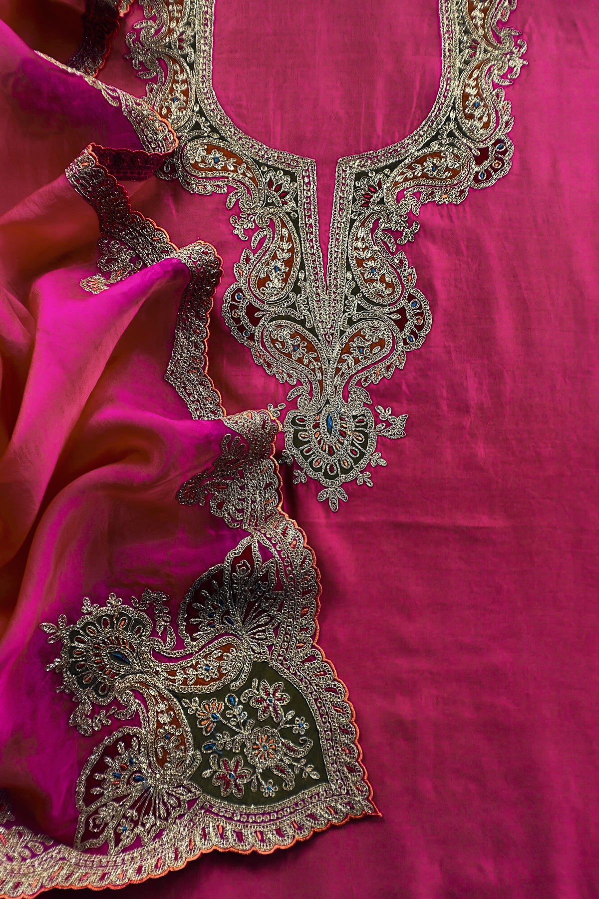 Pink Pure Silk Suit With Gota Tilla Embroidery