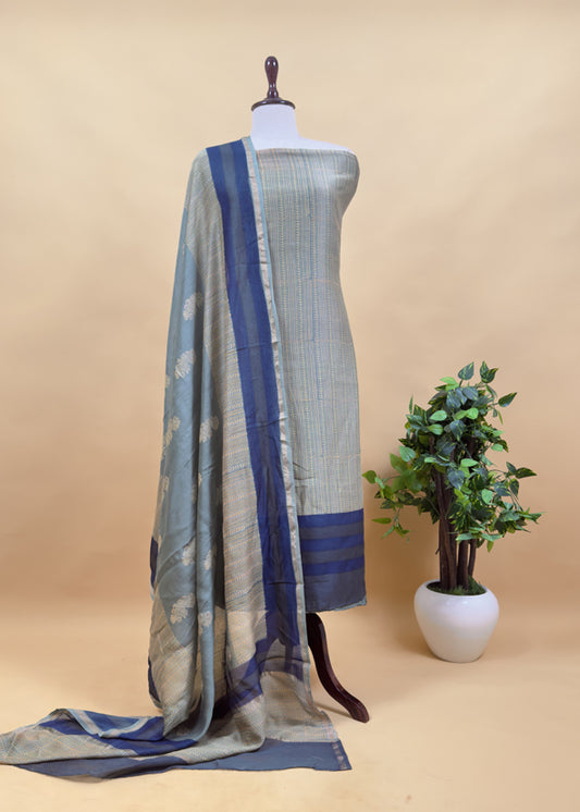 Pure Maheshwari Silk Suit With Block Print Dupatta