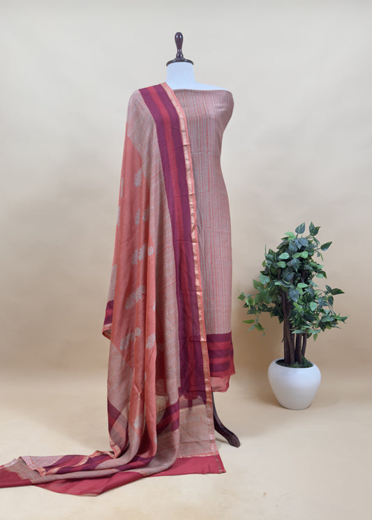 Pure Maheshwari Silk Suit With Block Print Dupatta