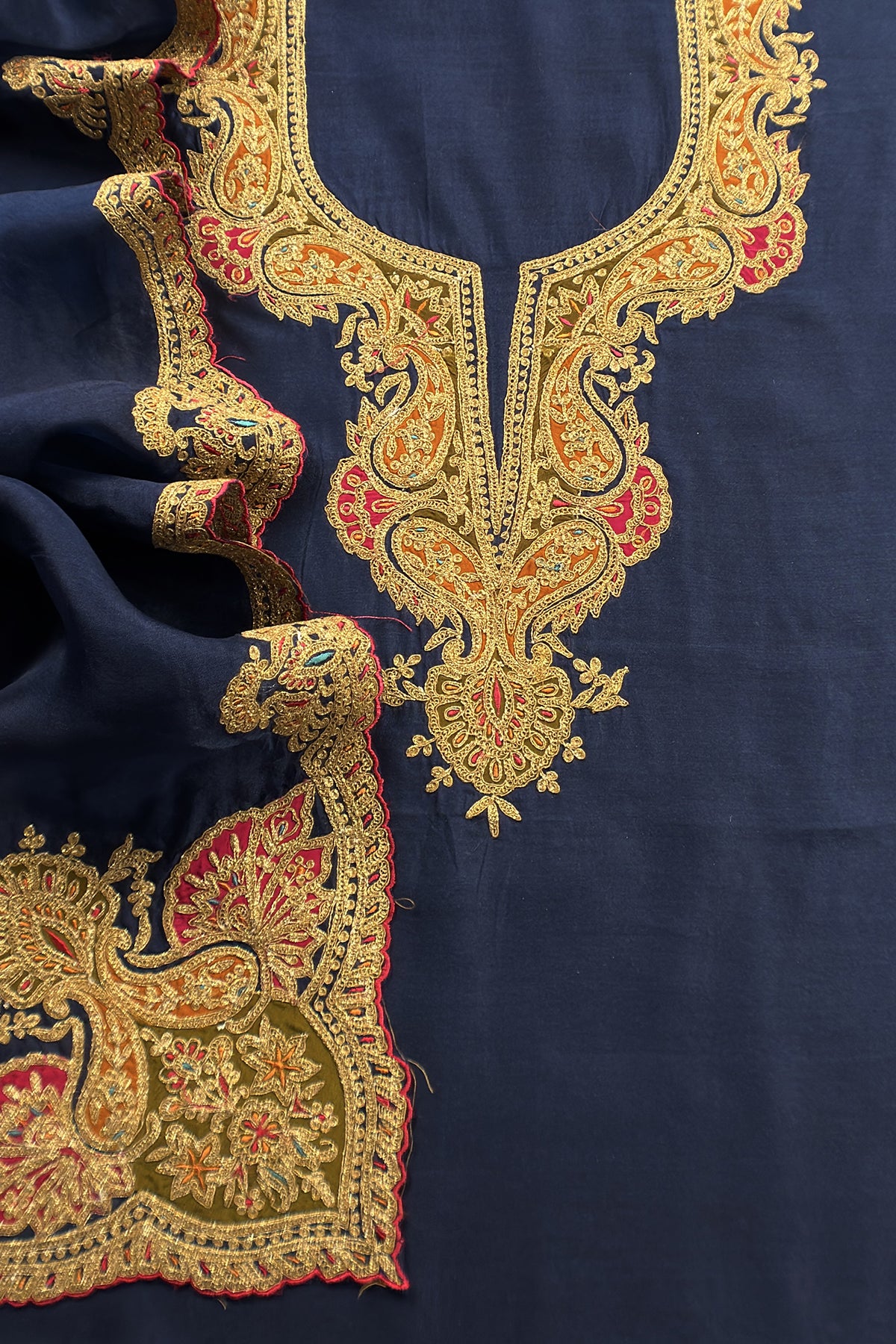 Navy Blue Pure Silk Suit With Gota Tilla Embroidery