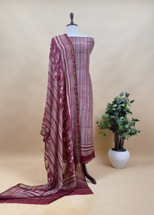 Brown Red Blockprint Handloom Maheshwari Silk Suit fabric