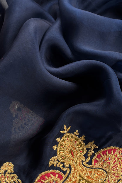 Navy Blue Pure Silk Suit With Gota Tilla Embroidery