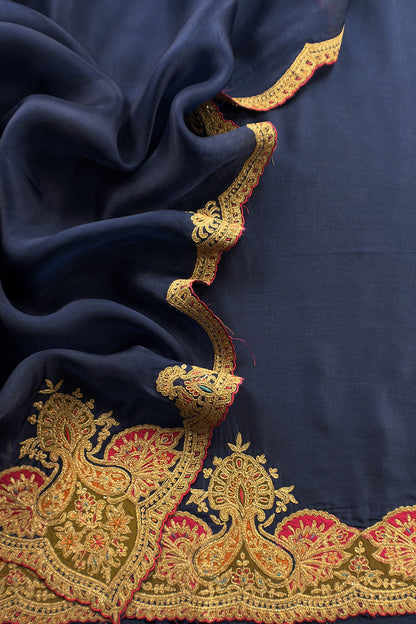 Navy Blue Pure Silk Suit With Gota Tilla Embroidery