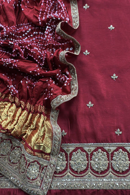 Sabhya Red Bandhani Pure silk Unstitched Suit with Dori and Dabka Handwork