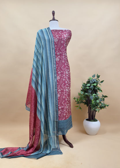 Red And Green Block Print Handloom Maheshwari Silk Suit With Kantha Work