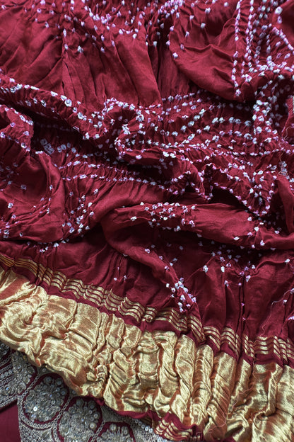 Sabhya Red Bandhani Pure silk Unstitched Suit with Dori and Dabka Handwork