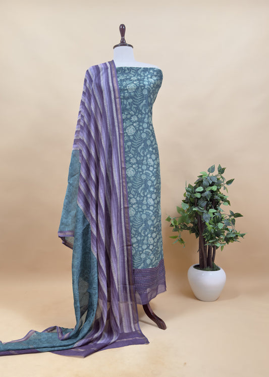 Purple And Green Block Print Handloom Maheshwari Silk Suit With Kantha Work