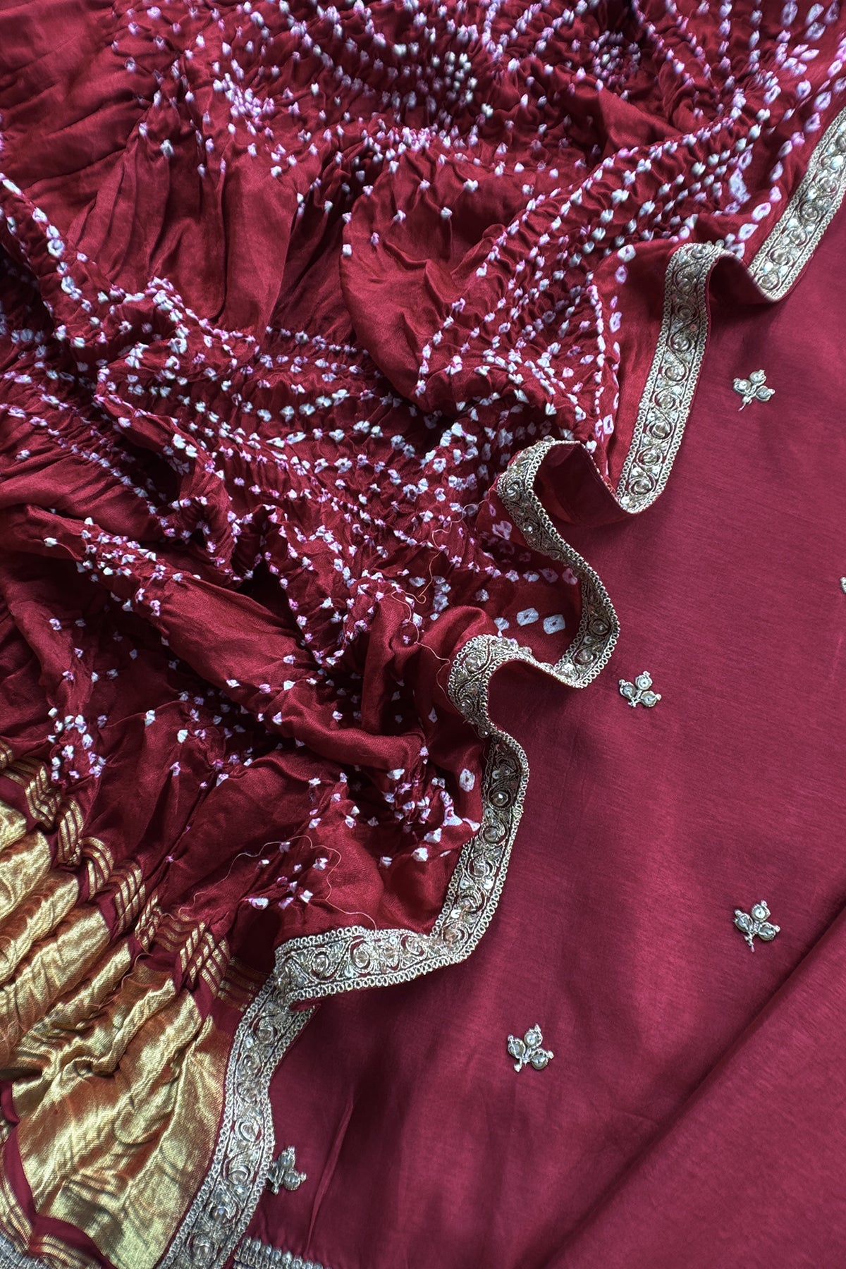 Sabhya Red Bandhani Pure silk Unstitched Suit with Dori and Dabka Handwork