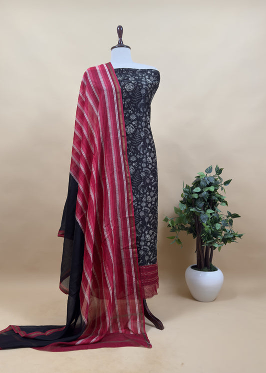 Red And Black Block Print Handloom Maheshwari Silk Suit With Kantha Work