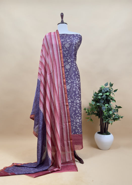 Purple And Red Block Print Handloom Maheshwari Silk Suit With Kantha Work