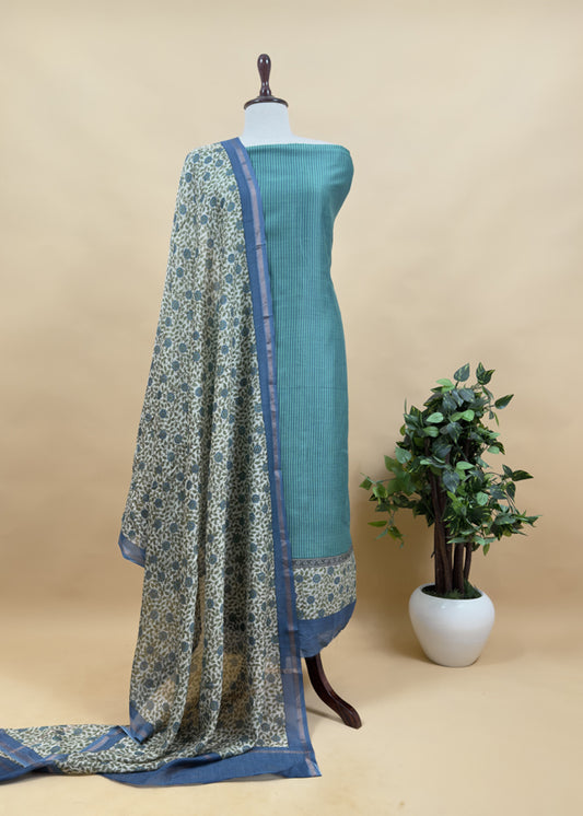 Blue Kalamkari Print Pure Maheshwari Silk Unstitched Suit Fabric