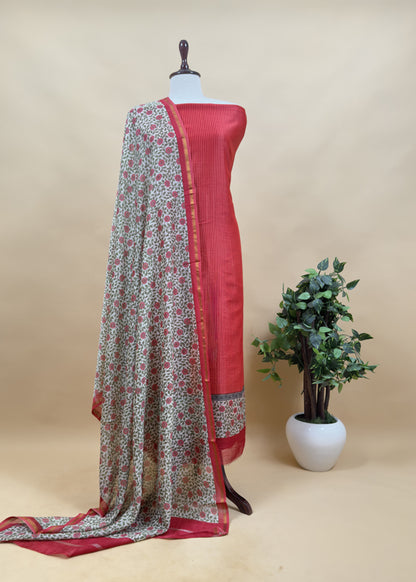 Red Kalamkari Print Pure Maheshwari Silk Unstitched Suit Fabric