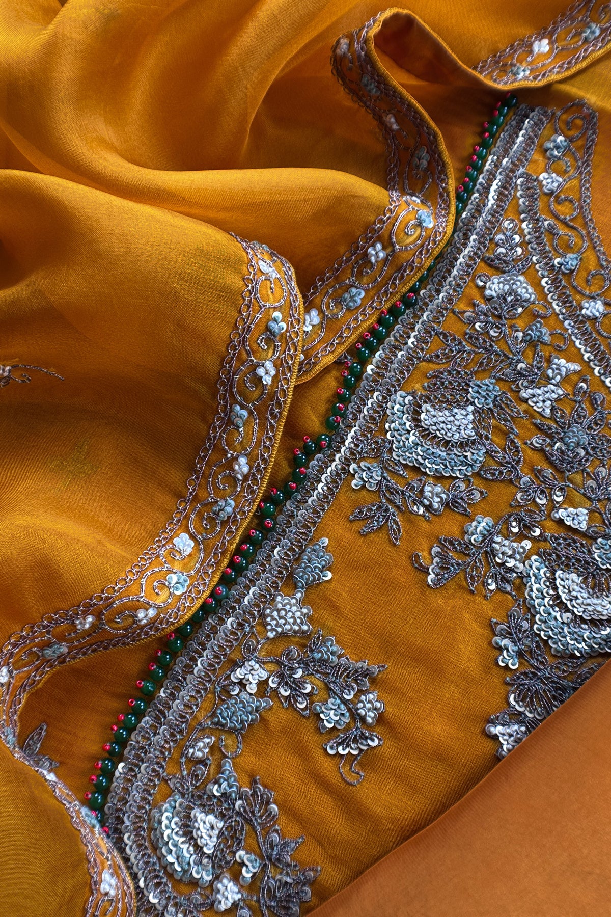 Mustard Yellow Luxe Handloom Kora Silk Kurta And Dupatta With Handwork