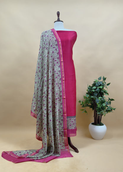 Red Kalamkari Print Pure Maheshwari Silk Unstitched Suit Fabric