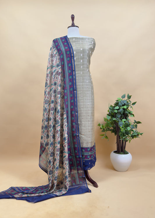 Beige And Blue Pure Maheshwari Silk Unstitched Suit Fabric With Banarasi Bootis And Kalamkari Print