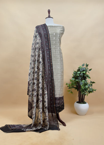 Beige And Blue Pure Maheshwari Silk Unstitched Suit Fabric With Banarasi Bootis And Kalamkari Print