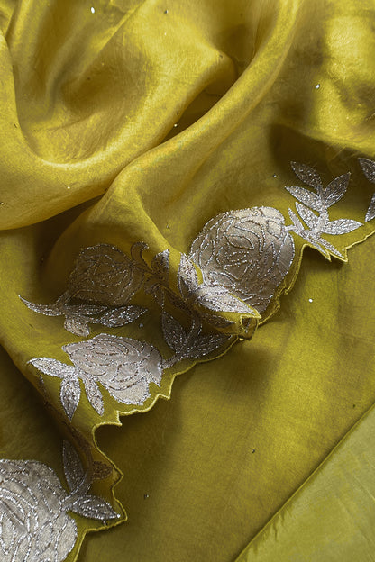 Apple Green Pure tissue Silk Suit With Floral Applique Work