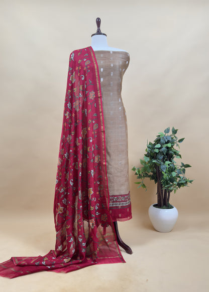 Caramel And Brown Kalamkari Print Pure Maheshwari Silk Suit With Banarasi Phool Bootis