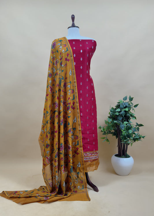 Mustard And Red Kalamkari Print Pure Maheshwari Silk Suit With Banarasi Phool Bootis