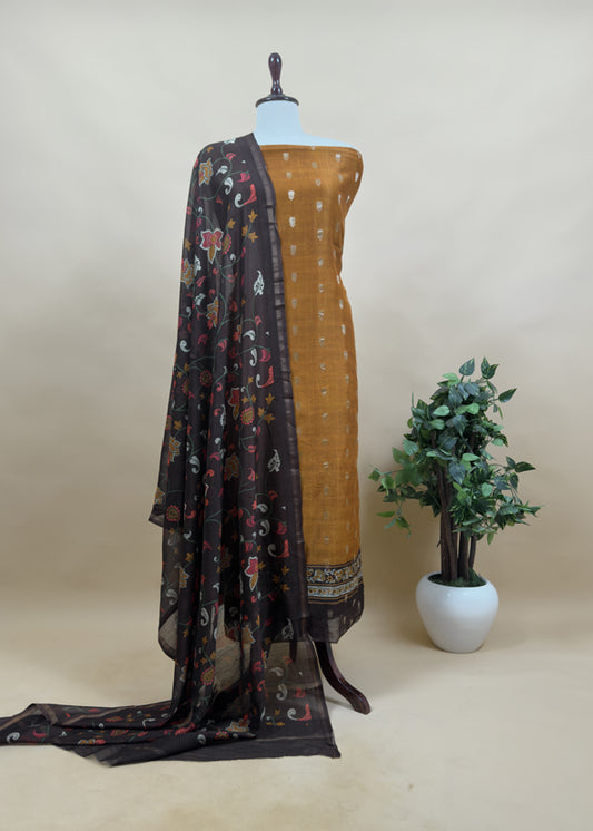 Caramel And Brown Kalamkari Print Pure Maheshwari Silk Suit With Banarasi Phool Bootis