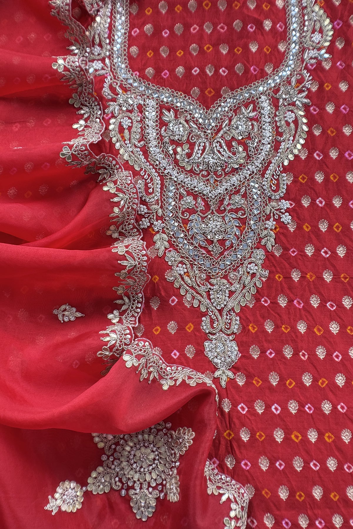 Red Bandhani Pure silk Unstitched Suit with Gota Patti, Dori, Dabka Handwork