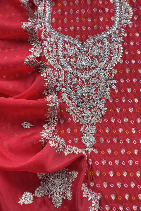 Red Bandhani Pure silk Unstitched Suit with Gota Patti, Dori, Dabka Handwork