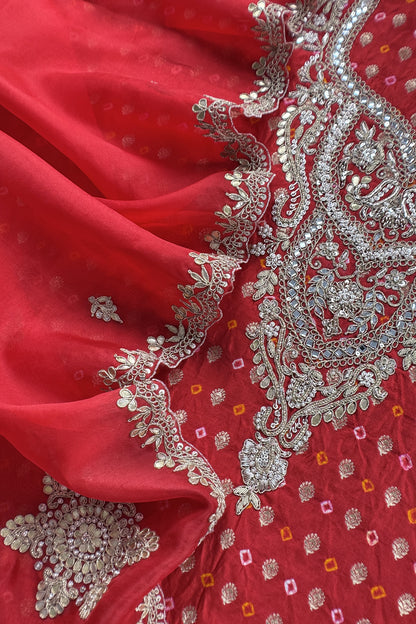 Red Bandhani Pure silk Unstitched Suit with Gota Patti, Dori, Dabka Handwork