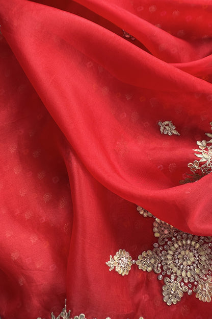 Red Bandhani Pure silk Unstitched Suit with Gota Patti, Dori, Dabka Handwork