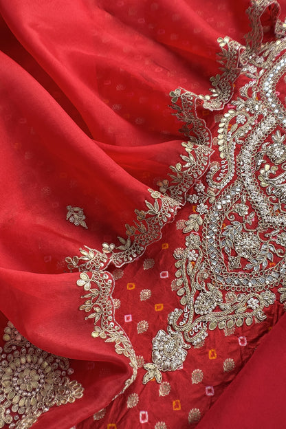Red Bandhani Pure silk Unstitched Suit with Gota Patti, Dori, Dabka Handwork