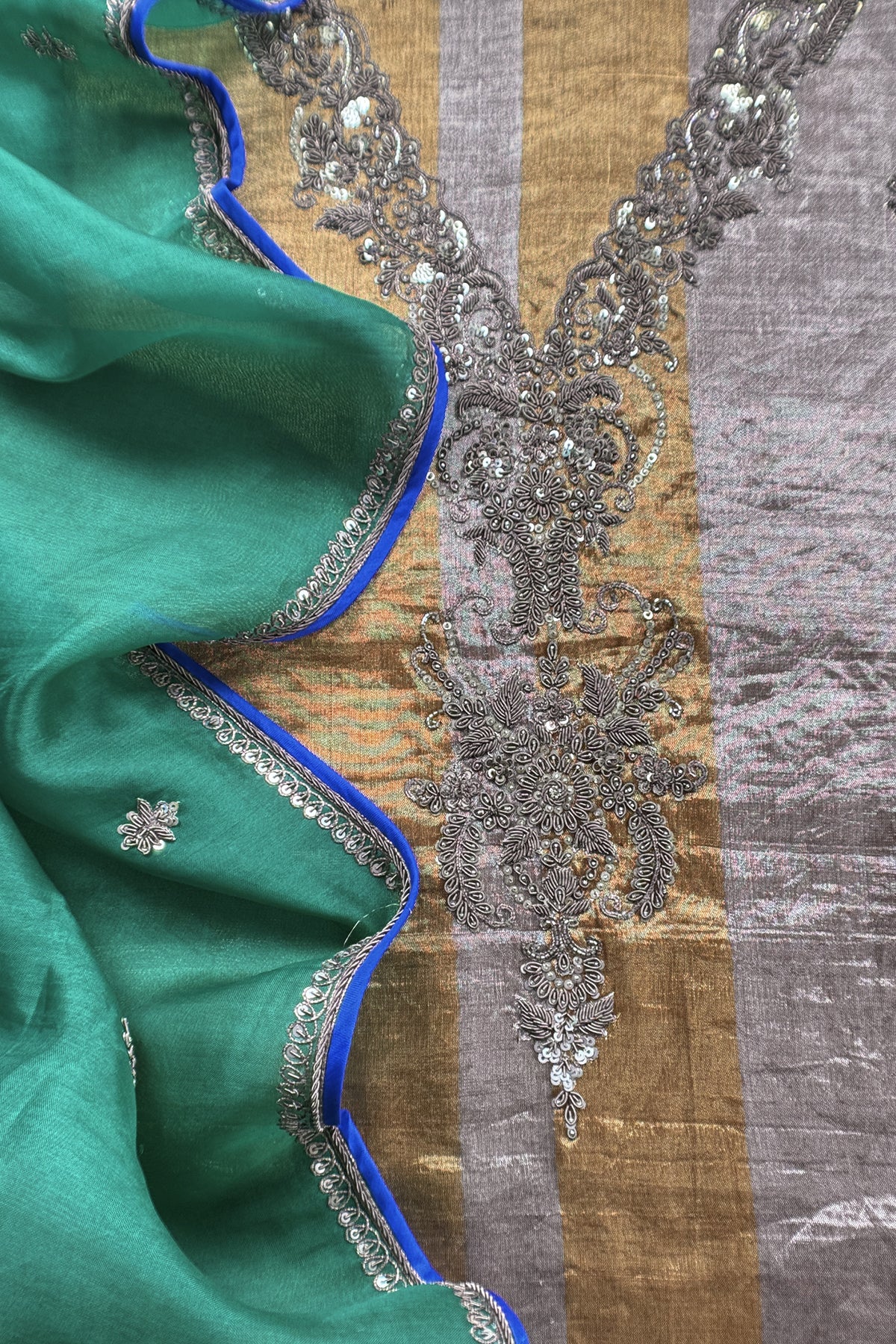 Sliver And Gold Handloom Tissue Silk Suit With Ombre Dupatta
