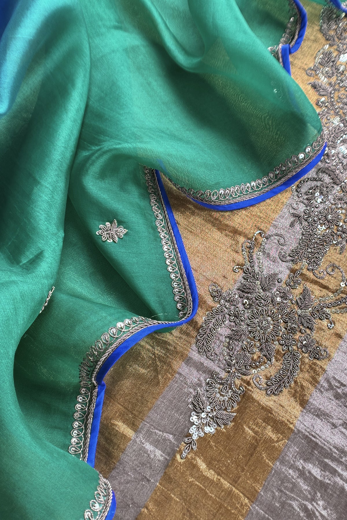 Sliver And Gold Handloom Tissue Silk Suit With Ombre Dupatta