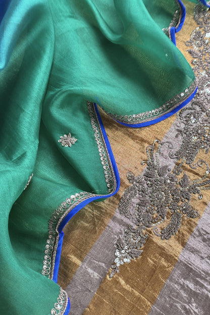 Sliver And Gold Handloom Tissue Silk Suit With Ombre Dupatta