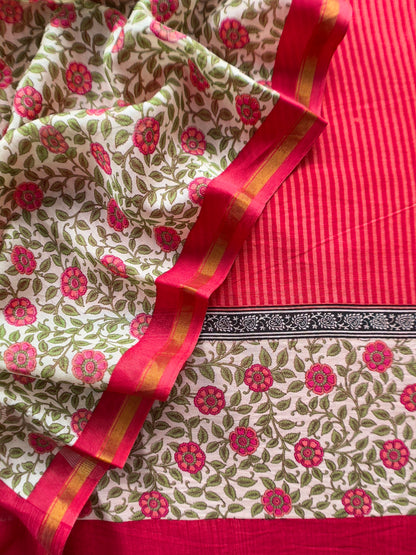 Red Kalamkari Print Pure Maheshwari Silk Unstitched Suit Fabric