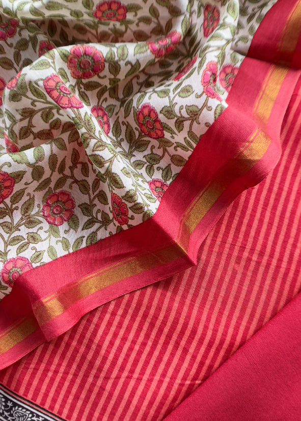 Red Kalamkari Print Pure Maheshwari Silk Unstitched Suit Fabric