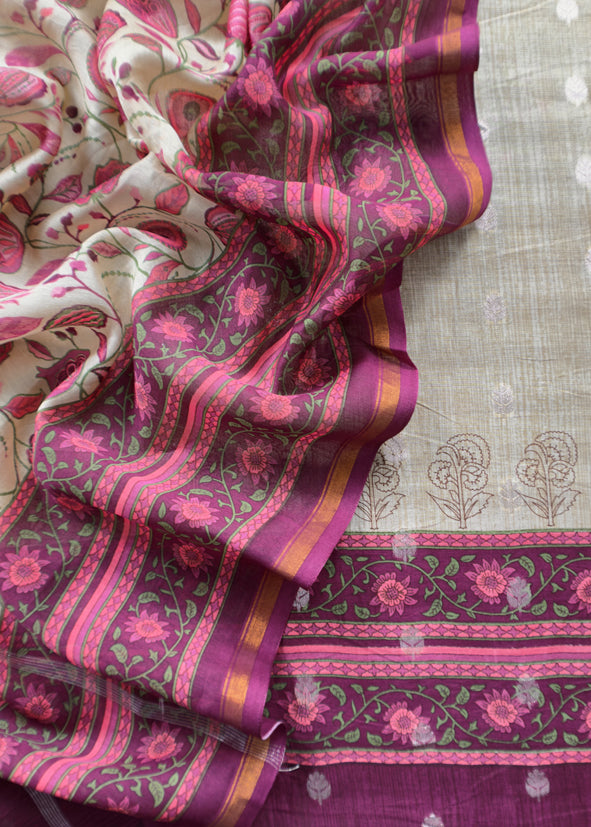 Beige And Wine Pure Maheshwari Silk Unstitched Suit Fabric With Banarasi Bootis And Kalamkari Print