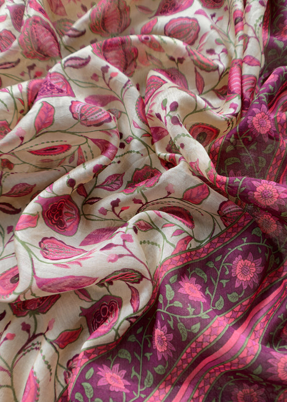 Beige And Wine Pure Maheshwari Silk Unstitched Suit Fabric With Banarasi Bootis And Kalamkari Print