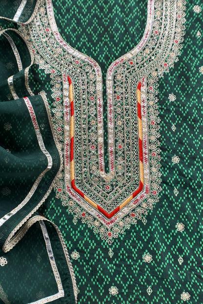 Green Pure Silk Ikkat Print Unstitched Suit With Dori And Gotapatti Hand Work