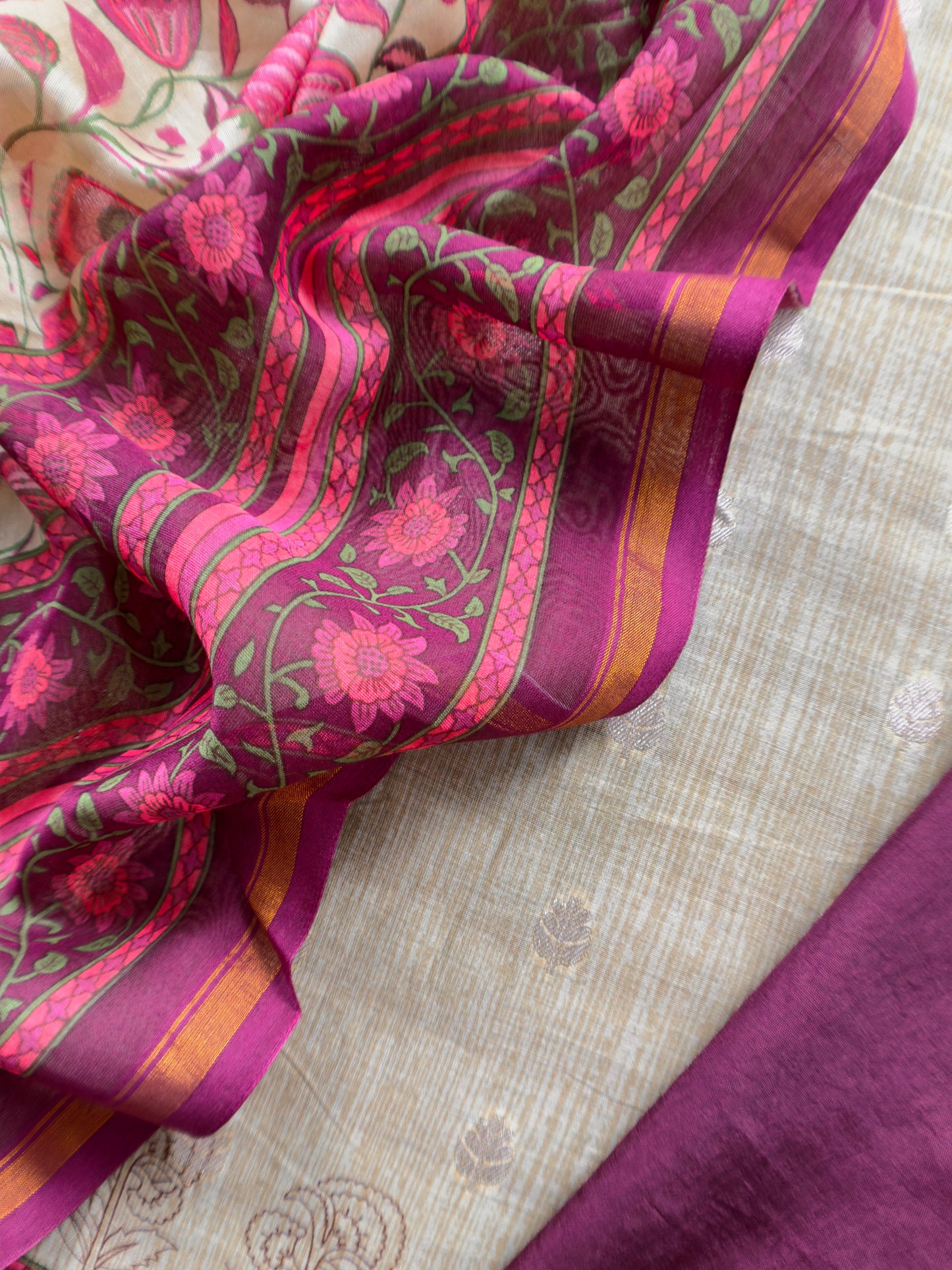 Beige And Wine Pure Maheshwari Silk Unstitched Suit Fabric With Banarasi Bootis And Kalamkari Print