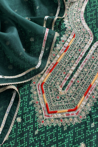 Green Pure Silk Ikkat Print Unstitched Suit With Dori And Gotapatti Hand Work