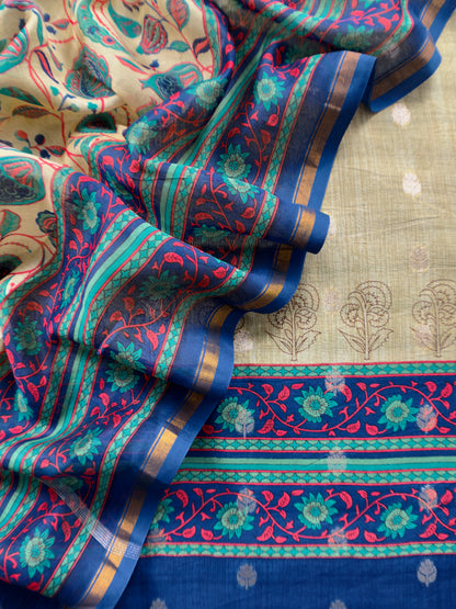 Beige And Blue Pure Maheshwari Silk Unstitched Suit Fabric With Banarasi Bootis And Kalamkari Print