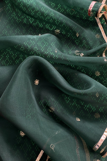 Green Pure Silk Ikkat Print Unstitched Suit With Dori And Gotapatti Hand Work