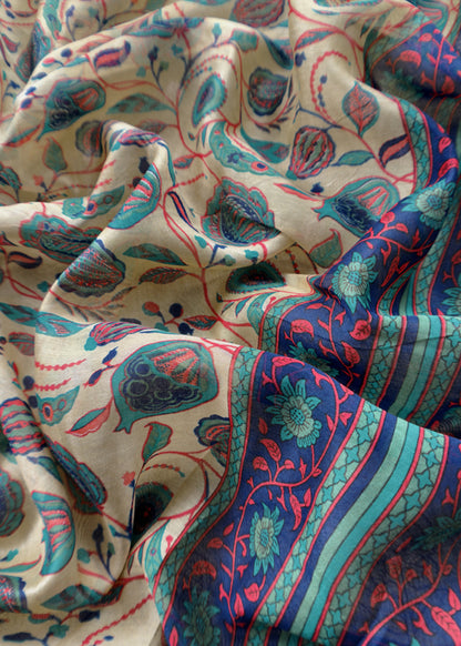 Beige And Blue Pure Maheshwari Silk Unstitched Suit Fabric With Banarasi Bootis And Kalamkari Print