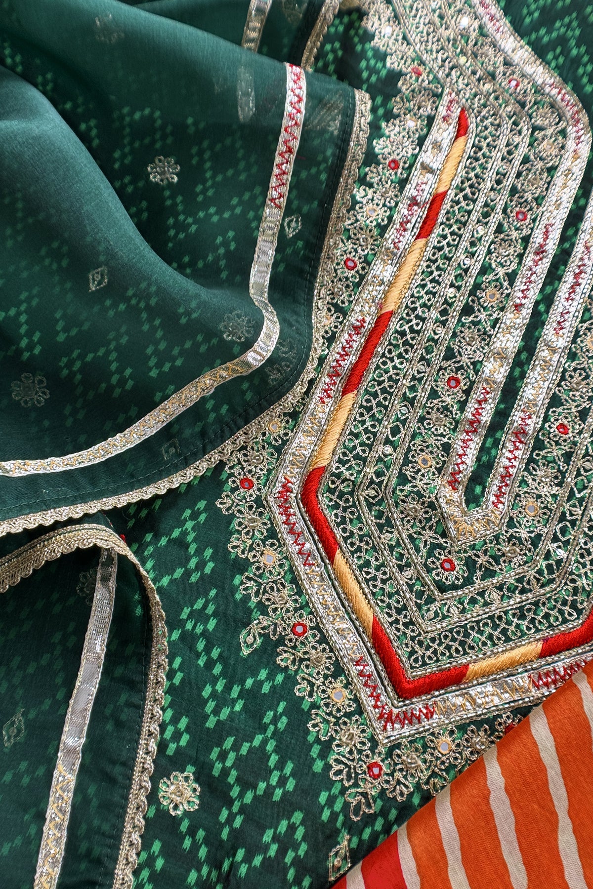 Green Pure Silk Ikkat Print Unstitched Suit With Dori And Gotapatti Hand Work