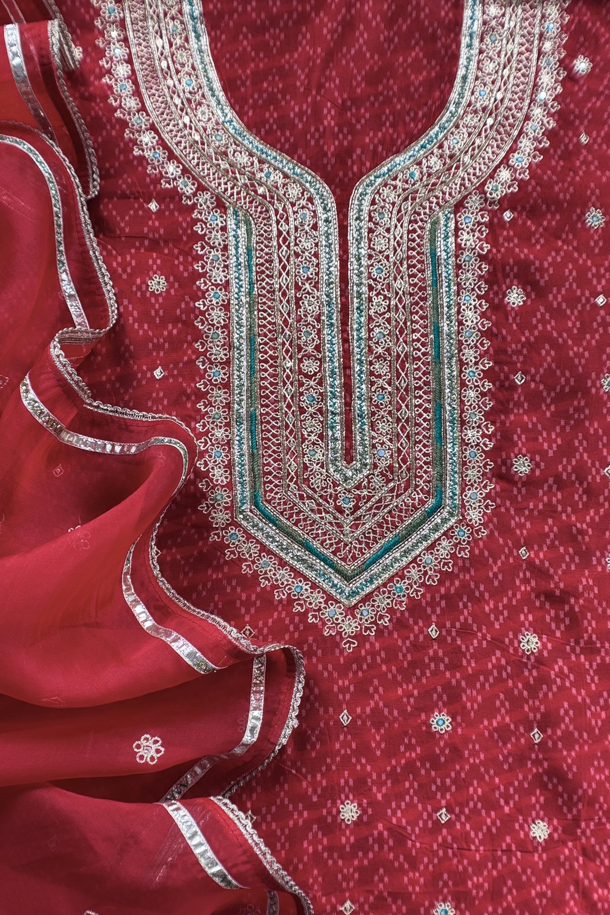 Red Pure Silk Ikkat Print Unstitched Suit With Dori And Gotapatti Hand Work