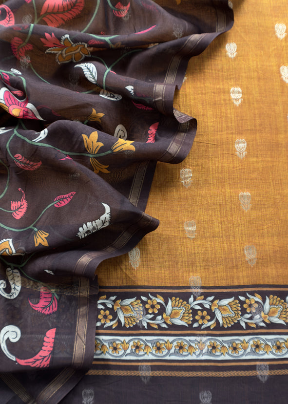Caramel And Brown Kalamkari Print Pure Maheshwari Silk Suit With Banarasi Phool Bootis
